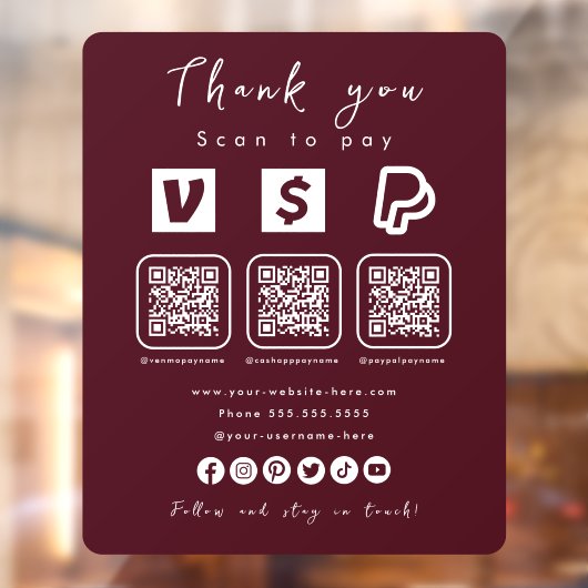 Multi QR Code Paypal Venmo Cash App Bourgogne Raamsticker (Vel 2)