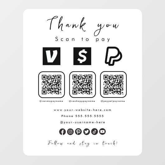 Multi QR Code Paypal Venmo Cash App Modern Wit Raamsticker (Vel)
