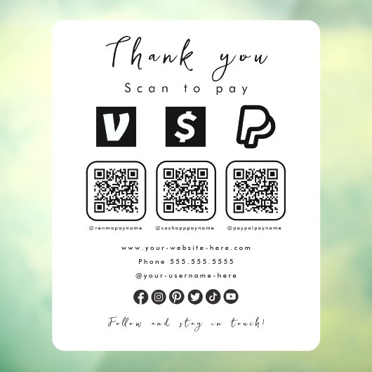 Multi QR Code Paypal Venmo Cash App Modern Wit Raamsticker (Vel 3)