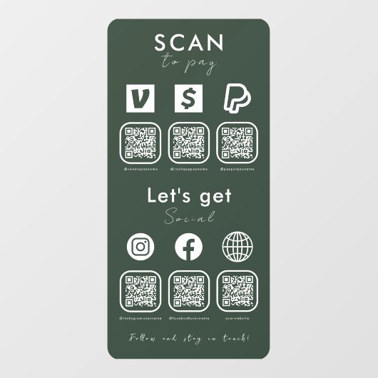 Multi QR Code Scan te betalen Social Media Donker Raamsticker (Vel)