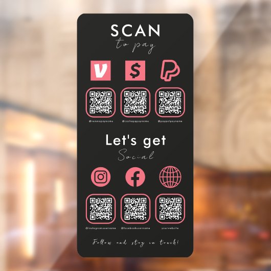Multi QR Code Scan te betalen Social Media Zwart R Raamsticker (Vel 2)