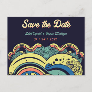 Multicolor 70's groovy psychedelic save the date briefkaart