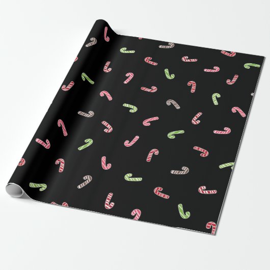 Multicolor Candy Cane Pattern Black Cadeaupapier (Uitgerold)