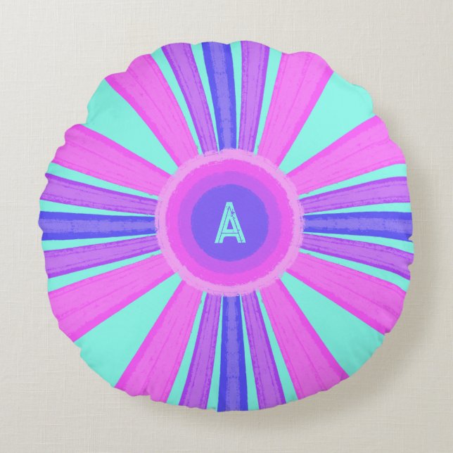Multicolor gestreepte monogram  rond kussen (Voorkant)