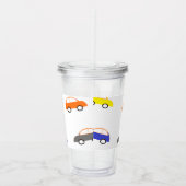 Multicolor minicars op wit acryl drinkbeker (Rechts)