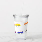 Multicolor minicars op wit acryl drinkbeker (Achterkant)