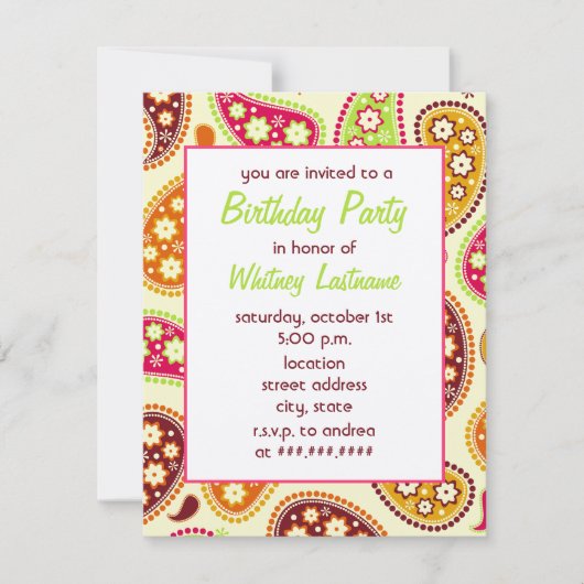 Multicolor Paisley Birthday Party Invitation Kaart (Voorkant)