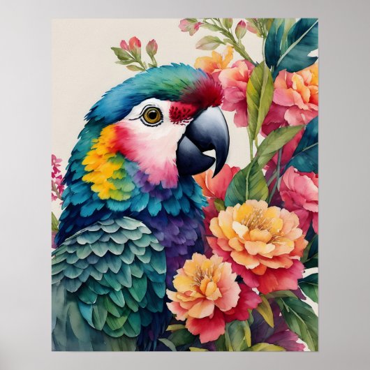 Multicolor Parrot Bloemen Waterverf Kunst Poster (Voorkant)