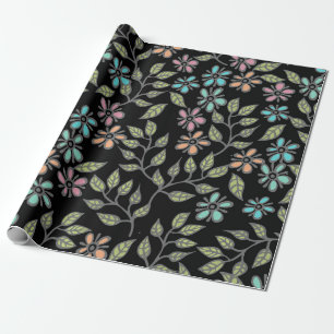 Multicolor pastel Floral op zwarte achtergrond Gif Cadeaupapier