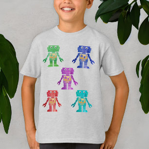 Multicolor robots met de naam van het kind op de a t-shirt