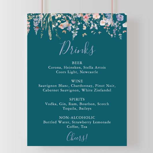 Multicolor Wildflower Green Wedding Drinken Menu Poster