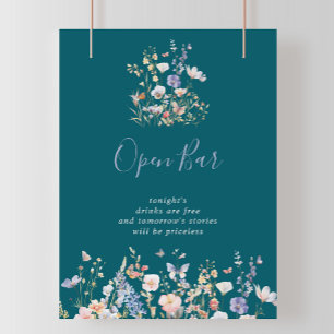 Multicolor Wildflower Green Wedding Open Bar Sign Poster