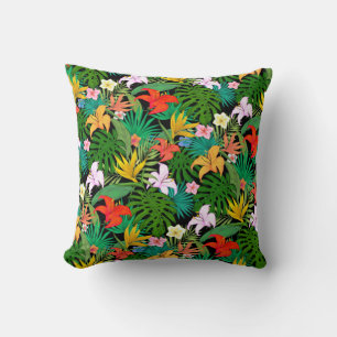 Multicolored Flowers & Palm Leaves op Black Kussen