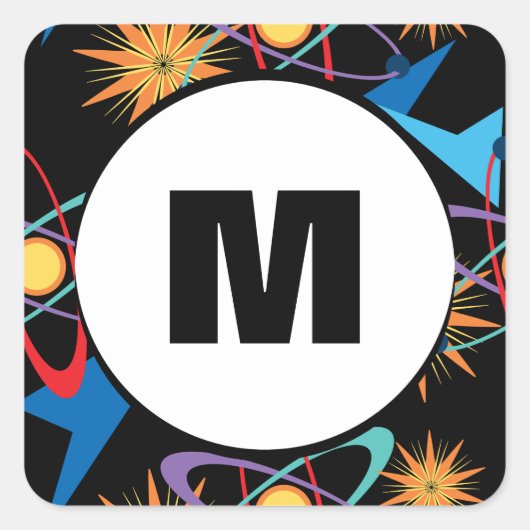 Multicolorf patroon voor ruimtevaarttijdperk vierkante sticker (Voorkant)
