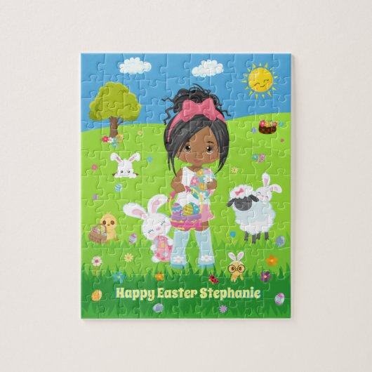 Multicultureel meisje met paasbunny Jigzaag Puzzle Legpuzzel (Verticaal)