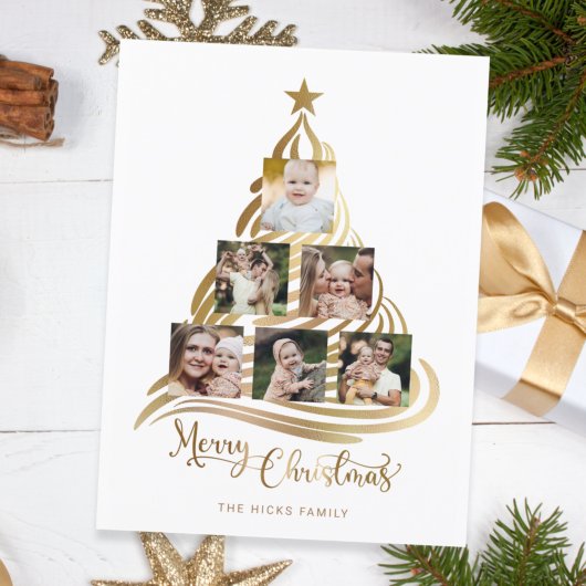 Multifoto van de moderne Faux Gold kerstboomfamili Feestdagenkaart