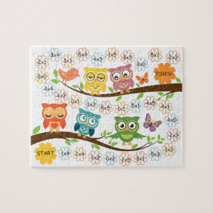 Multiplication practice board game, owl thema. legpuzzel