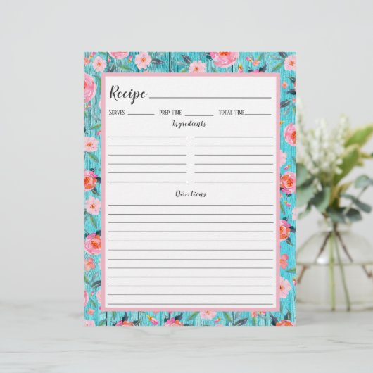 Multomap Rustic Pink Floral Aqua Wood Recipe Pagin (Staand voorkant)