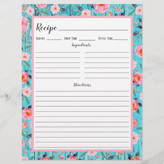 Multomap Rustic Pink Floral Aqua Wood Recipe Pagin (Achterkant)
