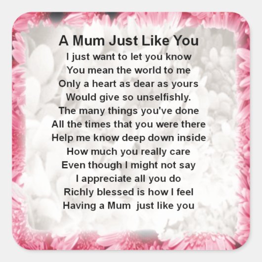 Mum Poem - Roze Floral design Vierkante Sticker (Voorkant)
