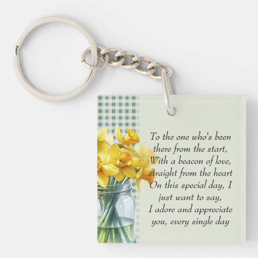 Mum Waardering Gedicht Groene Gingham en Daffodils Sleutelhanger (Voorkant)