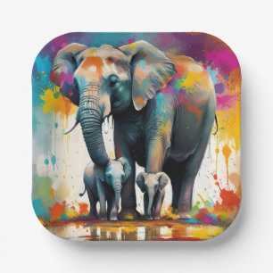 Mummy en Baby olifanten kleuren splash, Papieren Bordje