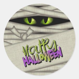 Mummy Eyes Happy Halloween Green/Paars ID685 Ronde Sticker
