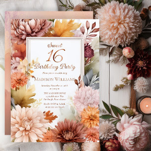 Mums Peonies Floral Sweet 16 Verjaardagsfeest Folie Uitnodiging
