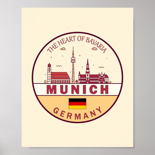 München Duitsland City Skyline Emblem Poster (Voorkant)