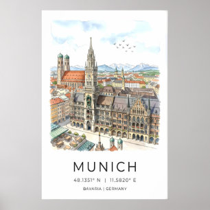 München Skyline Wandkunst - Handgeïllustreerd Poster
