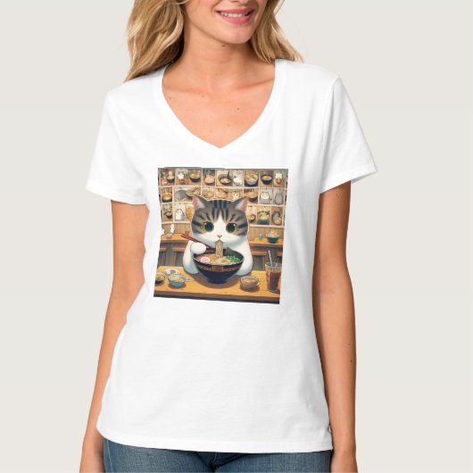 Munchkin Cat Eating Ramen T-shirt (Voorkant)