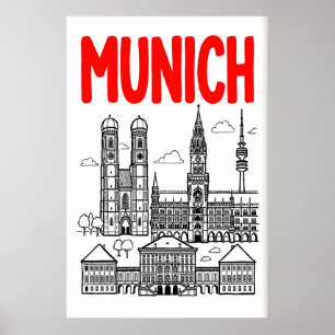 Munich Skyline Poster, Rode Titel, Zwarte Omlijnin Poster