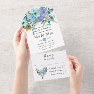 Munt- en blauw boho bloemen bruiloft all in one uitnodiging