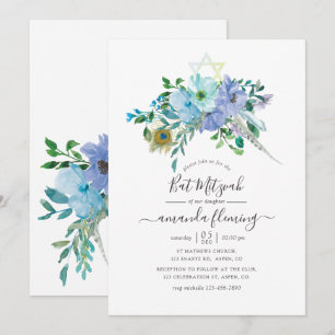 Munt- en blauwe aquarel boho bloemstuk Bat Mitzvah Kaart