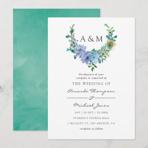 Munt en Blauwe Waterverf Floral Wedding Uitnodigin Kaart
