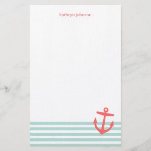 Munt en Coral Nautical Stripes Schattige Anker Briefpapier