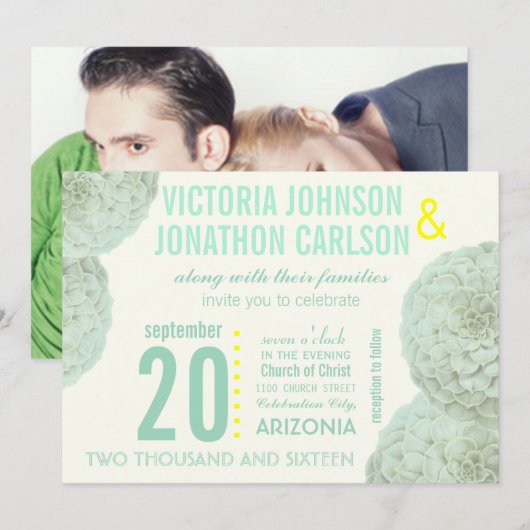 Munt en Geel Succulent Modern Wedding Kaart (Voorkant / Achterkant)