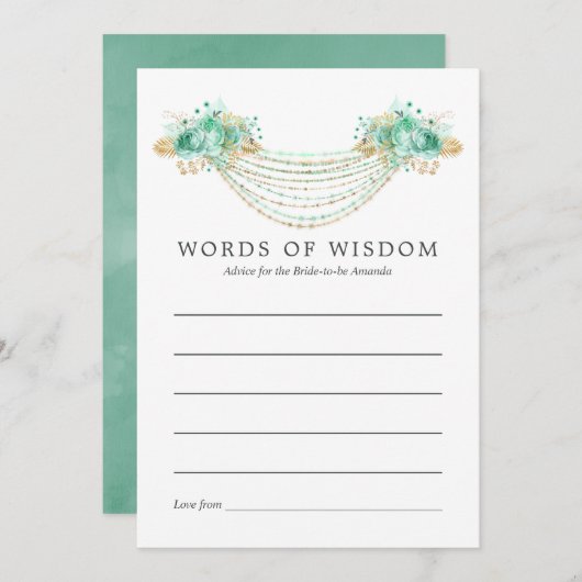 Munt en Goud Bloemen String Lights Bruidsadvies Advieskaart (Voorkant / Achterkant)