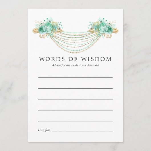 Munt en Goud Bloemen String Lights Bruidsadvies Advieskaart (Voorkant)