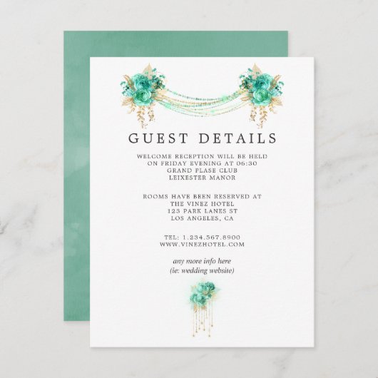 Munt en Goud Bloemenlichten Bruiloft Gast Details Informatiekaartje (Voorkant / Achterkant)