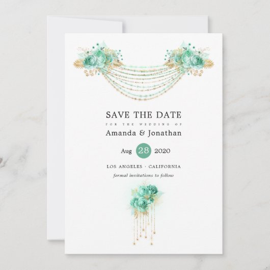 Munt en Goud Bloemenlichten Bruiloft Save The Date (Voorkant)