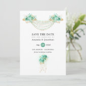 Munt en Goud Bloemenlichten Bruiloft Save The Date (Staand voorkant)