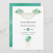 Munt en Goud Bloemenlichten Bruiloft Save The Date (Voorkant / Achterkant)