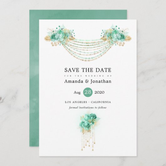 Munt en Goud Bloemenlichten Bruiloft Save The Date (Voorkant / Achterkant)