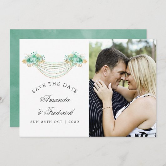 Munt en Goud Bloemenlichten Bruiloft Save the Date (Voorkant / Achterkant)