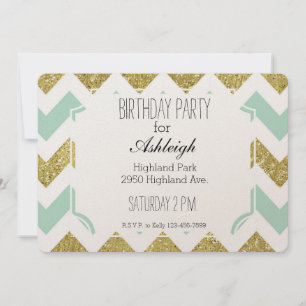 Munt en Gouden Faux Glitter Chevron verjaardag Kaart