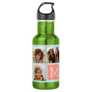 Munt- en koraalfotocollage met aangepast monogram waterfles
