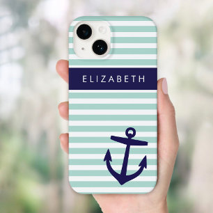 Munt en Marine Nautical Stripes Anker Monogram Case-Mate iPhone 14 Hoesje