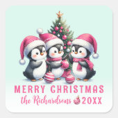 Munt en roze grappige pinguïns aangepaste kerst vierkante sticker (Voorkant)
