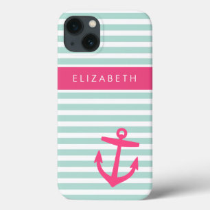 Munt en Roze Nautical Stripes Anchor Monogram iPhone 13 Hoesje